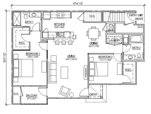 Floor plan for 2 beds, 2 baths, 1319 sqft